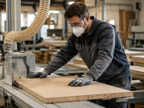 Medewerker bewerkt plaatmateriaal in een houtbewerkingsbedrijf met persoonlijke beschermingsmiddelen als illustratie bij de nieuwe REACH-regels voor formaldehyde.