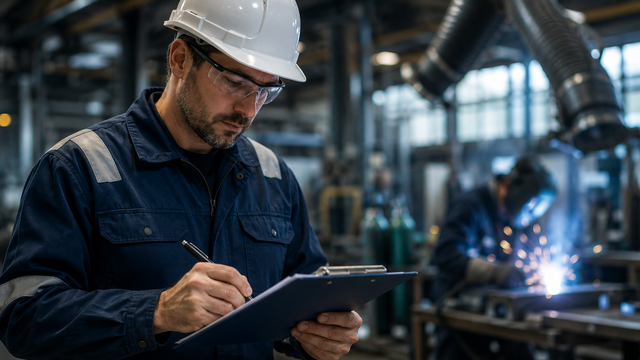 Werknemer in een industriële werkomgeving voert een veiligheidscontrole uit terwijl op de achtergrond laswerkzaamheden plaatsvinden.